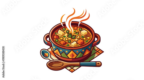 Steaming bowl of soup with vegetables.