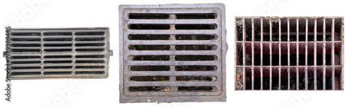 Konstfotografi Three weathered metal drain covers or grates, showcasing diverse patterns and textures