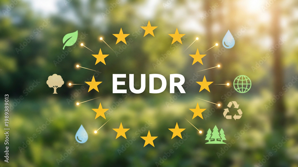 Fototapeta premium EUDR European Union deforestation regulation concept with environmental sustainability icons for forest protection water conservation recycling global trade compliance and ecological governance