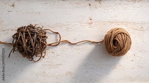 Contrast: tangled and neatly wound rustic jute string on white wood