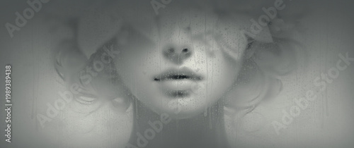 A girl with flowers on her head blurred with elements of drops and rain
