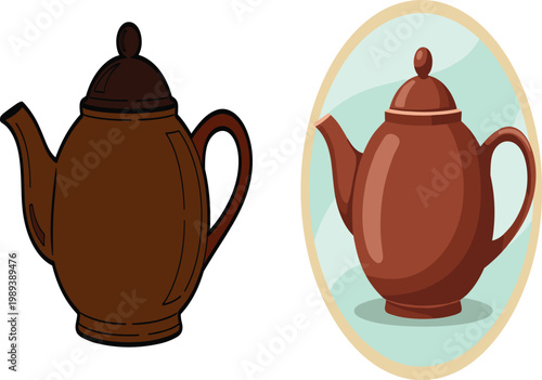Vintage Brown Ceramic Teapot and Coffee Pot Vector Set with Decorative Oval Badge for Kitchenware Branding, Cafe Menus, and Traditional Beverage Service Designs