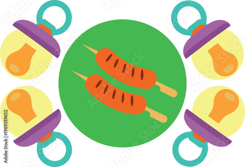 Colorful Baby Pacifier and Grilled Sausage Icon Set for Family Picnic Events, Newborn Care Products, Summer Barbecue Branding, and Infographic Graphic Design Layouts