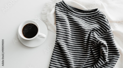 Wallpaper Mural Generative AI, Cozy Lifestyle Flat Lay Striped Sweater Coffee Cup White Background Torontodigital.ca