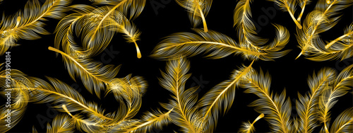 seamless continuous pattern of bright multicolored light feathers on a black background, long.ai