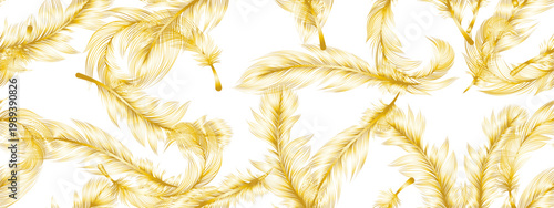 seamless continuous pattern of golden feathers on a white background, long.eps