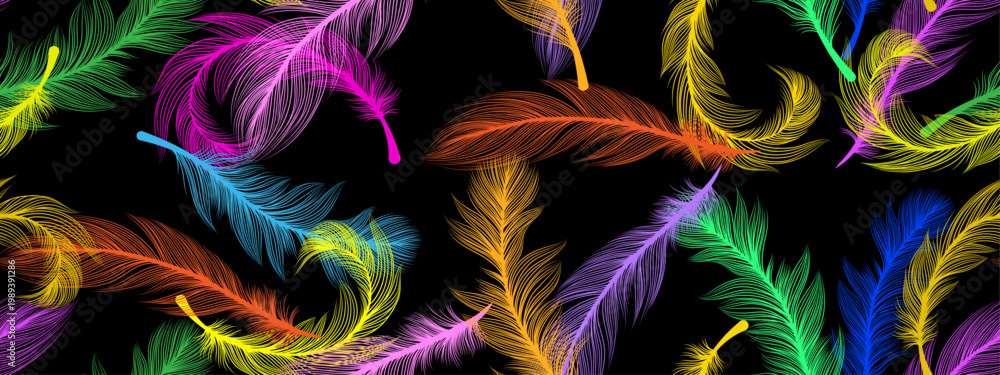 Naklejka premium seamless continuous pattern of bright multicolored light feathers on a black background, long.eps