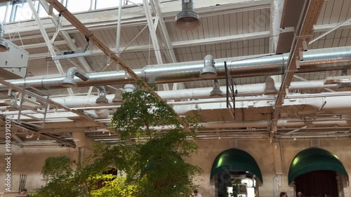 Industrial interior with exposed ceiling and indoor plants, urban design concept, modern space with greenery, architecture and environment integration