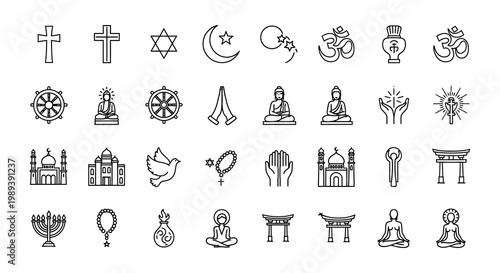 Collection of diverse religious symbols and icons in a grid layout