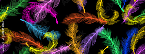 seamless continuous pattern of bright multicolored light feathers on a black background, long.eps