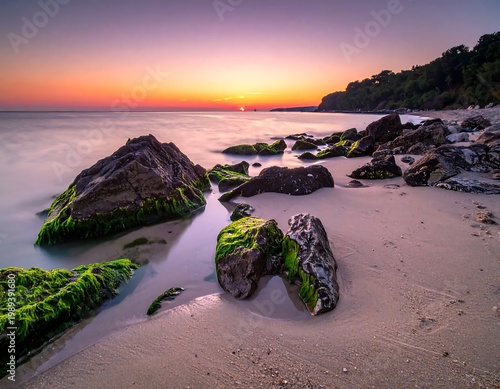 Coastal Landscape At Sunset Mossy Rocks On A Sandy Beach And Calm Sea Water With Long Exposure Effect Under A Colorful Evening