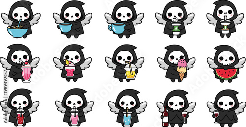 Cute grim reaper cartoon set with food and drinks, funny skeleton characters illustration for Halloween and spooky design