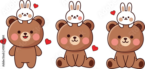 Cute teddy bear and bunny cartoon set with hearts, adorable love characters illustration for kids, Valentine and nursery design