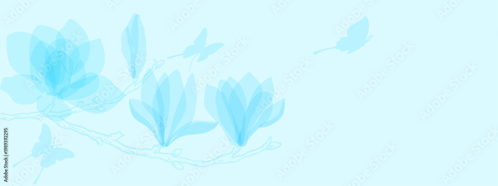 Naklejka premium blue flowers magnolia and blue butterfly on a blue background.eps