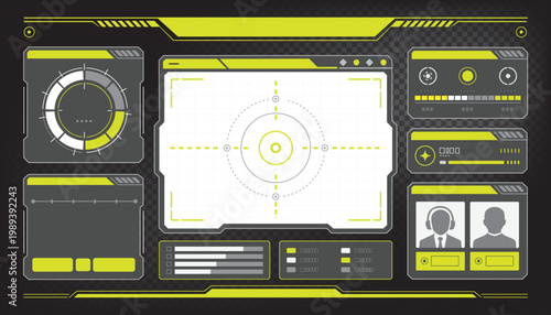 Futuristic Gaming HUD Dashboard with Tactical Windows, Radar, and Communication Interface