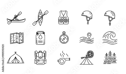 Canoeing 15 icon set kayak paddle outdoor adventure outline vector