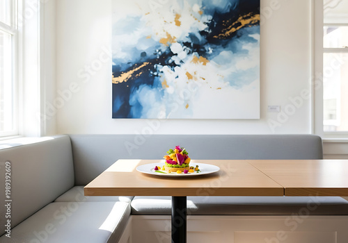 Gourmet dish on wooden table with elegant painting and window light