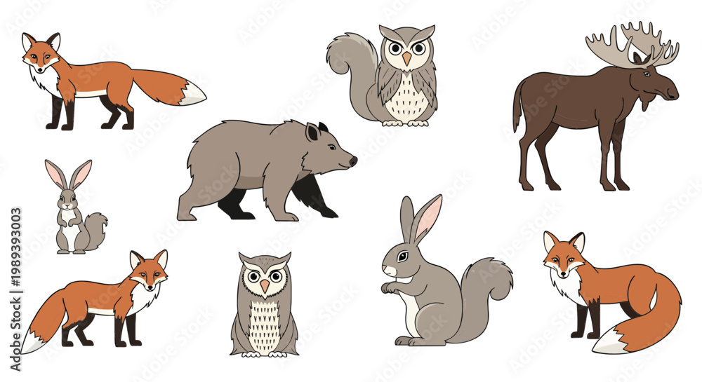 Fototapeta premium Collection of diverse forest animals including fox, owl, bear, moose, rabbit, and squirrel