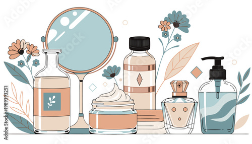 A colorful vector illustration of various beauty products and flowers on a table with a mirror