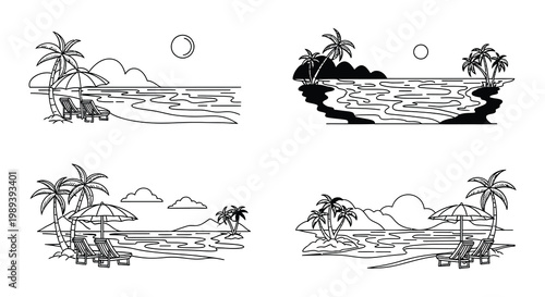 Minimalist tropical beach scenes with palm trees and lounge chairs