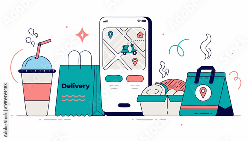 A colorful vector graphic illustration of food delivery items and a smartphone with a map on the screen