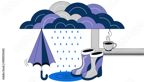 A vector graphic illustration of a rainy day scene with umbrella, boots, and coffee cup on a windowsill