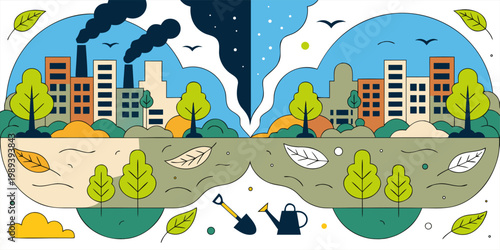 An illustration comparing a polluted environment with a clean and healthy one, highlighting the importance of eco-friendly practices.
