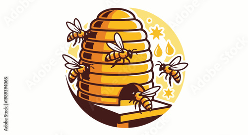 Cartoon bees buzzing around a honey hive with drops and stars