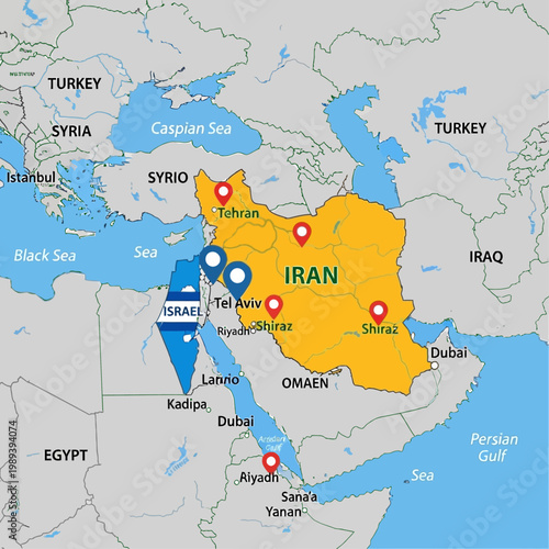 Geopolitical Map Highlights Iran and Surrounding Countries with Major Cities Marked