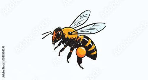 Stylized bee in flight, black and yellow striped body, translucent wings