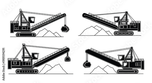 Line art illustrations of bucket chain excavators in various positions