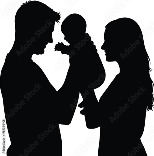 Happy family silhouette with parents holding baby sharing love care and bonding isolated on white background