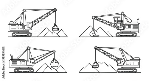 Line art illustrations of bucket chain excavators in various positions