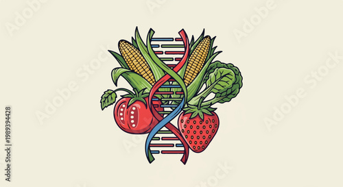Genetically modified food DNA helix intertwined with various fresh produce