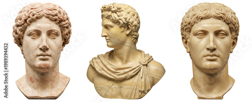 Bilde på lerret Three classical male marble busts, varying in stone color, capturing ancient historical artistry and design
