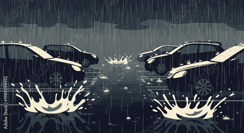 Dark, pixelated scene of cars parked on a wet road in heavy rain with splashes