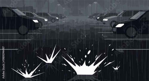 Cars parked under heavy rain at night with splashes on the ground