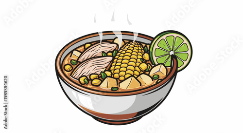 Hearty chicken and corn soup with potato and lime garnish