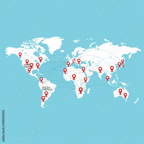 A world map illustration with marked locations on a blue background showing travel destinations