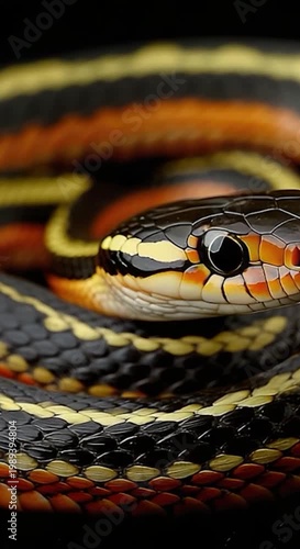 A close-up view of a snake's head and body on a dark, black background vertical frame