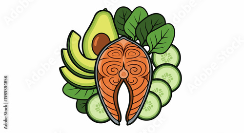 A stylized illustration of a salmon steak surrounded by avocado slices, spinach leaves, and cucumber rounds