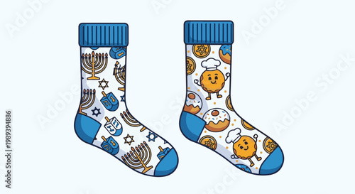 Festive socks with Hanukkah symbols and cute characters