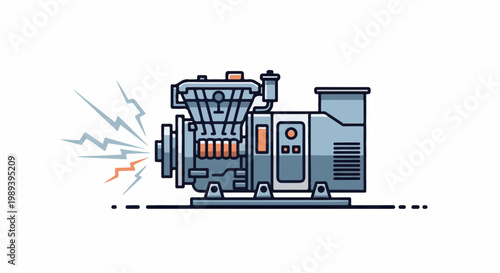 Stylized illustration of a gray and orange engine with electrical sparks