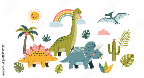 Cute cartoon dinosaurs and prehistoric plants with rainbow and sun
