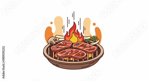 Grilled meat and vegetables on an open fire