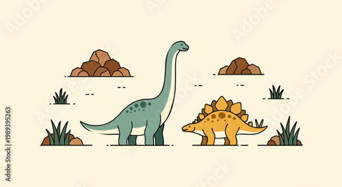 Two cartoon dinosaurs, a long-necked sauropod and a Stegosaurus, in a simple prehistoric landscape.
