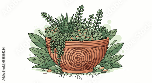 Terracotta pot filled with a variety of succulent plants, green leaves, and stones
