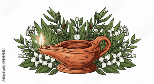 Ancient clay oil lamp adorned with olive branches and white blossoms