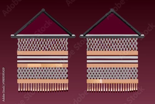 Two woven wall hangings with geometric patterns and fringe details
