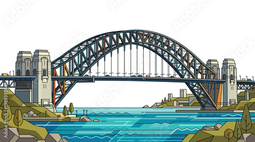 Steel Arch Bridge Over Waterway.